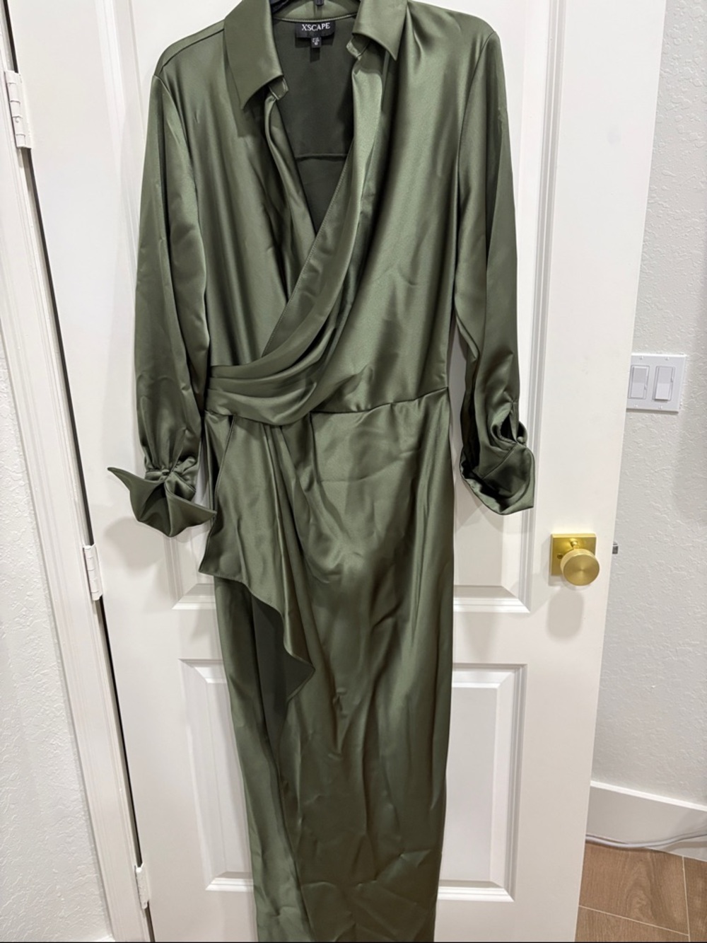 Xscape Satin Olive Wrap-Style Midi Dress